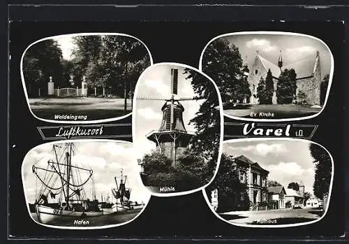 AK Varel i. O., Hafen, Rathauspartie, Waldeingang