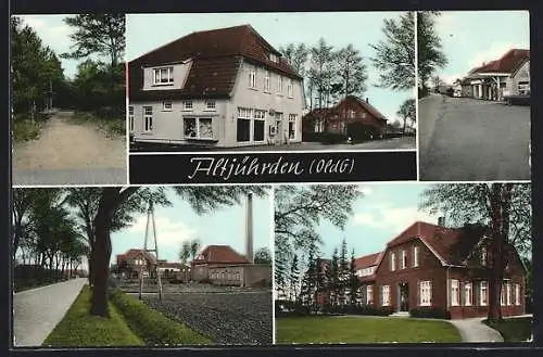 AK Altjührden /Oldb., Strassenpartie mit Tankstelle, Geschäftshaus, Fabrik