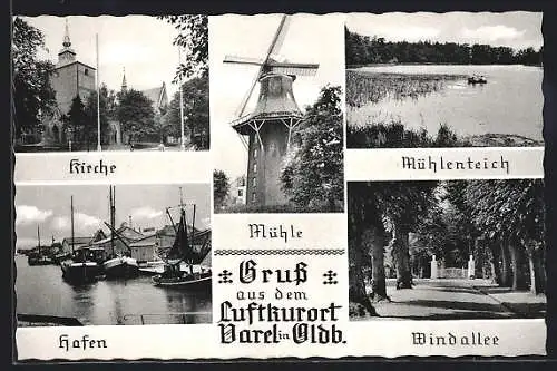 AK Varel i. O., Windmühle, Mühlenteich, Windallee, Kirchenpartie, Hafen
