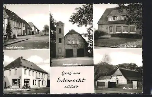 AK Edewecht i. Oldb., Bahnhofstrasse, Feuerwehrturm und Oellien-Hof