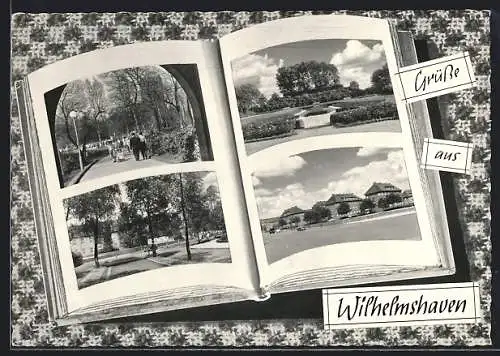 AK Wilhelmshaven, Spaziergänger im Park im Buch-Passepartout