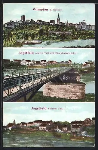 AK Wimpfen a. Neckar, Ortsansicht, Jagstfeld mit Eisenbahnbrücke