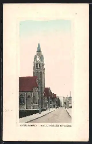 AK Wilhelmshaven, Hollmannstrasse mit Kirche, geprägter Rahmen