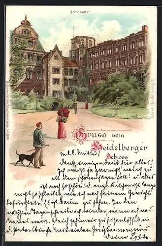 Lithographie Heidelberg, Schlosshof mit Menschen und Hund
