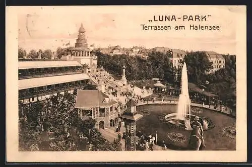 AK Berlin-Halensee, Terrassen im Lunapark mit Springbrunnen