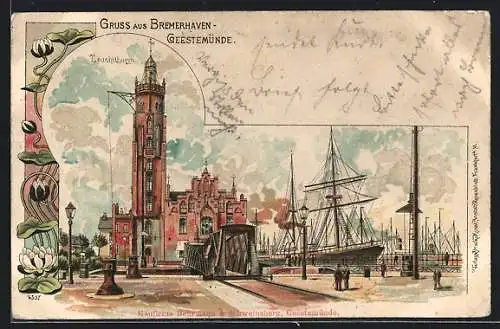 Lithographie Bremerhaven-Geestemünde, Hafenpartie mit Leuchtturm