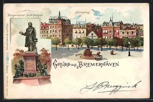 Lithographie Bremerhaven, Bürgermeister Smidt-Denkmal, Marktplatz