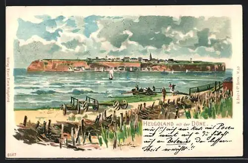 Künstler-AK Karl Heinisch: Helgoland, Uferpartie mit Blick auf die Insel