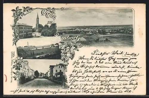 AK Simbach a. Inn, Strassenpartie, Brücke, Pfarrkirche, Ortsansicht aus der Ferne