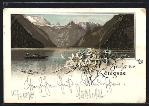 Lithographie Berchtesgaden, Gondelfahrt auf dem Königsee