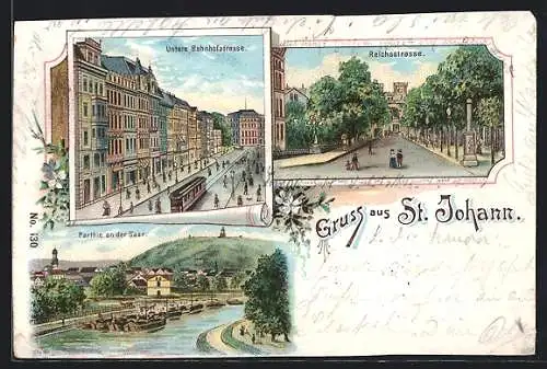 Lithographie St. Johann / Saar, unter Bahnhofstrasse, Reichsstrasse und Ortspartie am Flussufer