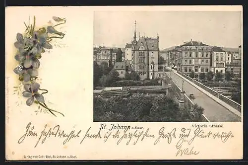 Passepartout-Lithographie St. Johann an der Saar, Victoria-Strasse mit Brücke aus der Vogelschau, Blütenzweig