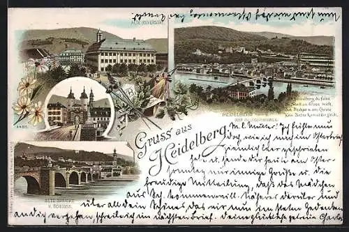 Lithographie Heidelberg, Alte Universität, Alte Brücke