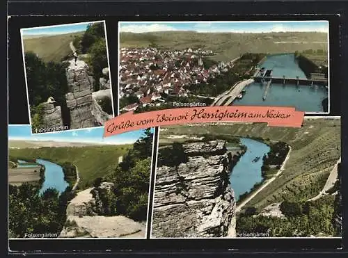 AK Hessigheim am Neckar, Ortsansicht und die Felsengärten