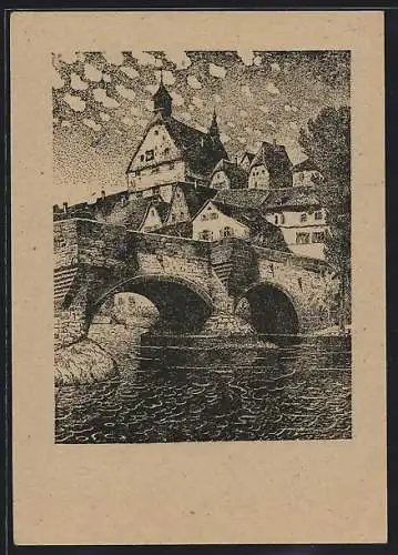 Künstler-AK Besigheim am Neckar, Flusspartie mit Brücke