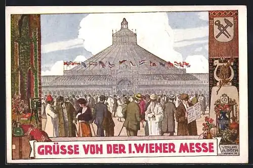 Künstler-AK Wien, 1. Wiener Messe, Gäste vor dem Ausstellungsgebäude