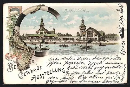 Lithographie Berlin, Gewerbe-Ausstellung, Fischerei Palast