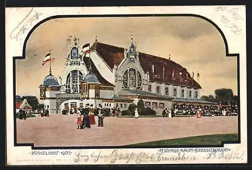 AK Ausstellung Düsseldorf 1902, Festhalle, Haupt - Bierrestaurant, Leute