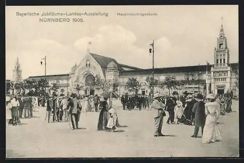 AK Nürnberg, Bayerische Jubiläums-Landes-Ausstellung 1906, Hauptindustriegebäude, Frauen u.Männer mit Hüten