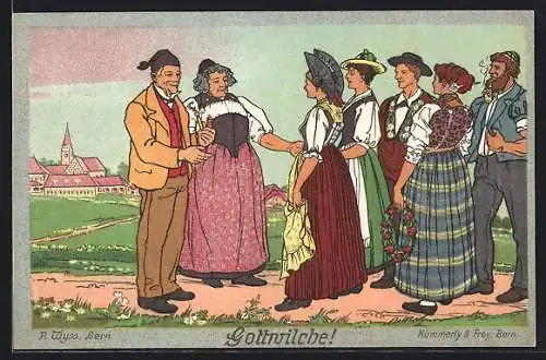 AK Bern, Schweizer Landes-Ausstellung 1914, Paare in Tracht beim Spaziergang