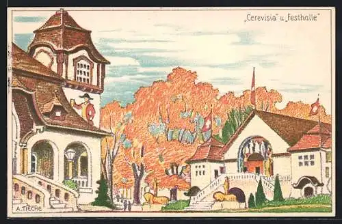 Künstler-AK Bern, Schweizerische Landesausstellung 1914, Cerevisia und Festhalle