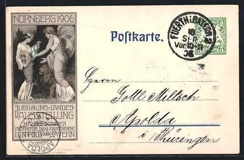 AK Nürnberg, Bayerische Jubiläums-Landesausstellung 1906, Frauenfiguren mit Hammer, Zahnrad und Löwe