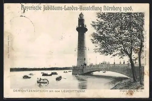 AK Nürnberg, Bayerische Jubiläums-Landes-Ausstellung 1906, Der Dutzendteich mit dem Leuchtturm