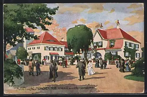 Künstler-AK München, Ausstellung 1908, Eingang zum Vergnügungspark