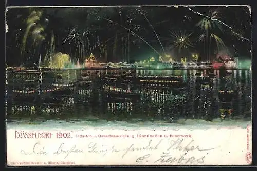 AK Düsseldorf, Industrie- und Gewerbeausstellung 1902, Illumination und Feuerwerk bei Nacht