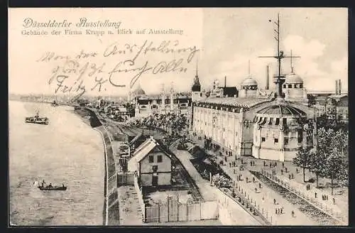 AK Düsseldorf, Düsseldorfer Ausstellung 1902, Gebäude der Firma Krupp u. Blick auf die Ausstellung