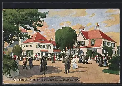 Künstler-AK München, Ausstellung 1908, Eingang zum Vergnügungspark