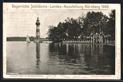 AK Nürnberg, Bayerische Jubiläums-Landesausstellung 1906, Leuchtturm im Dutzendteich