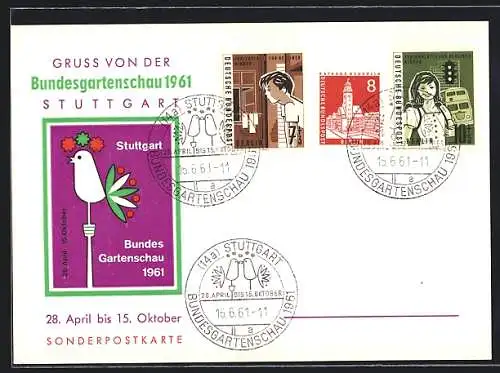AK Stuttgart, Bundes-Gartenschau 1961, Plakat mit Vogel