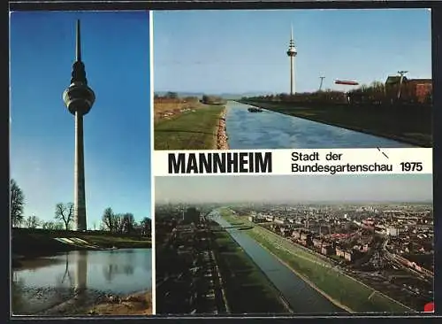 AK Mannheim, Bundesgartenschau 1975, Fernsehturm, Ortsansicht