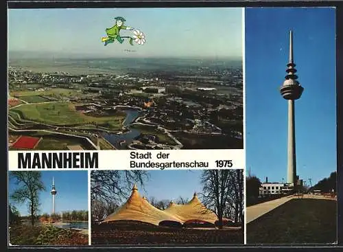 AK Mannheim, Bundesgartenschau 1975, Maskottchen, Fernsehturm, Festzelt