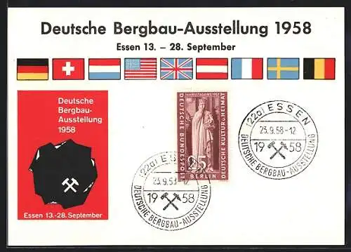 AK Essen, Deutsche Bergbau-Ausstellung 1958, Plakat mit Kohle und Bergbau-Logo, Flaggen