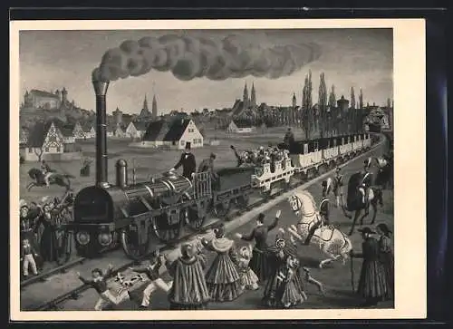 Künstler-AK Nürnberg, Reichsbahn-Ausstellung 1935, Erste deutsche Eisenbahn von Nürnberg nach Fürth