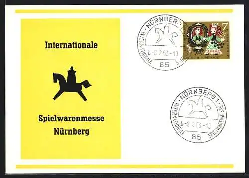 AK Nürnberg, Internationale Spielwarenmesse 1963, Plakat mit Puppe auf Pferd