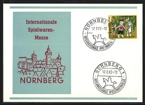 AK Nürnberg, Internationale Spielwarenmesse 1962, Plakat mit Teilansicht der Stadt