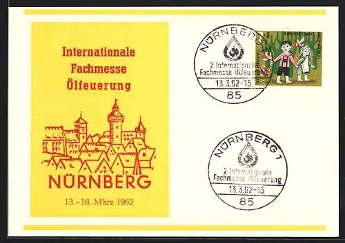 AK Nürnberg, Internationale Fachmesse Ölfeuerung 1962, Plakat mit Stadtmotiv