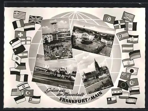 AK Frankfurt a. M., Internationale Flaggen, Messe, Flughafen