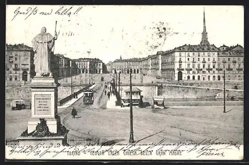 AK Torino, Veduta dalla Chiesa della Gran Madre, Strassenbahn