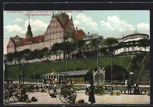 AK Hamburg-St.Pauli, Neues Seemanns-Haus und Wiezel`s Hotel (Navigationsschule) mit Strassenbahn