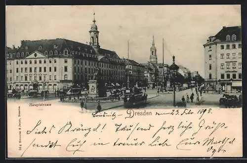 AK Dresden, Hauptstrasse mit Strassenbahnen