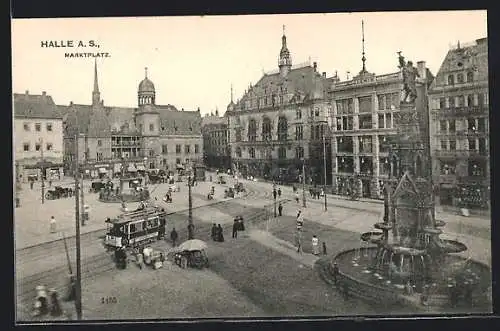 AK Halle a.d. Saale, Marktplatz mit Rathaus und Händeldenkmal, Strassenbahn