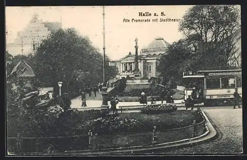 AK Halle a. S., Alte Promenade mit Strassenbahn und Stadttheater