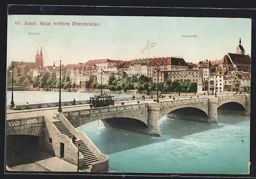 AK Basel, Neue mittlere Rheinbrücke mit Strassenbahn