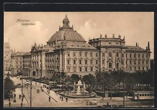 AK München, Justizpalast mit Strassenbahn aus der Vogelschau