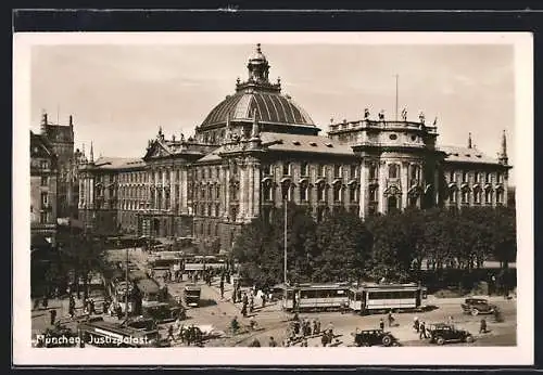 Lithographie München, Strassenansicht mit Justizpalast und Strassenbahnen