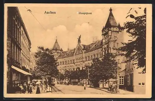 AK Aachen, Hauptpost mit Strassenbahn